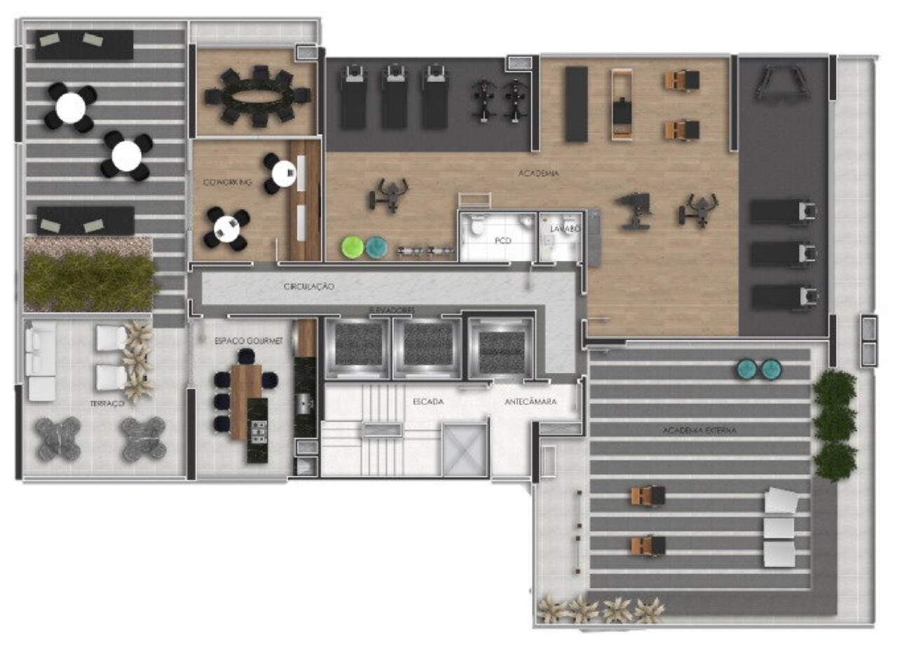 Planta do rooftop, com academia, academia externa, coworking e espaço gourmet