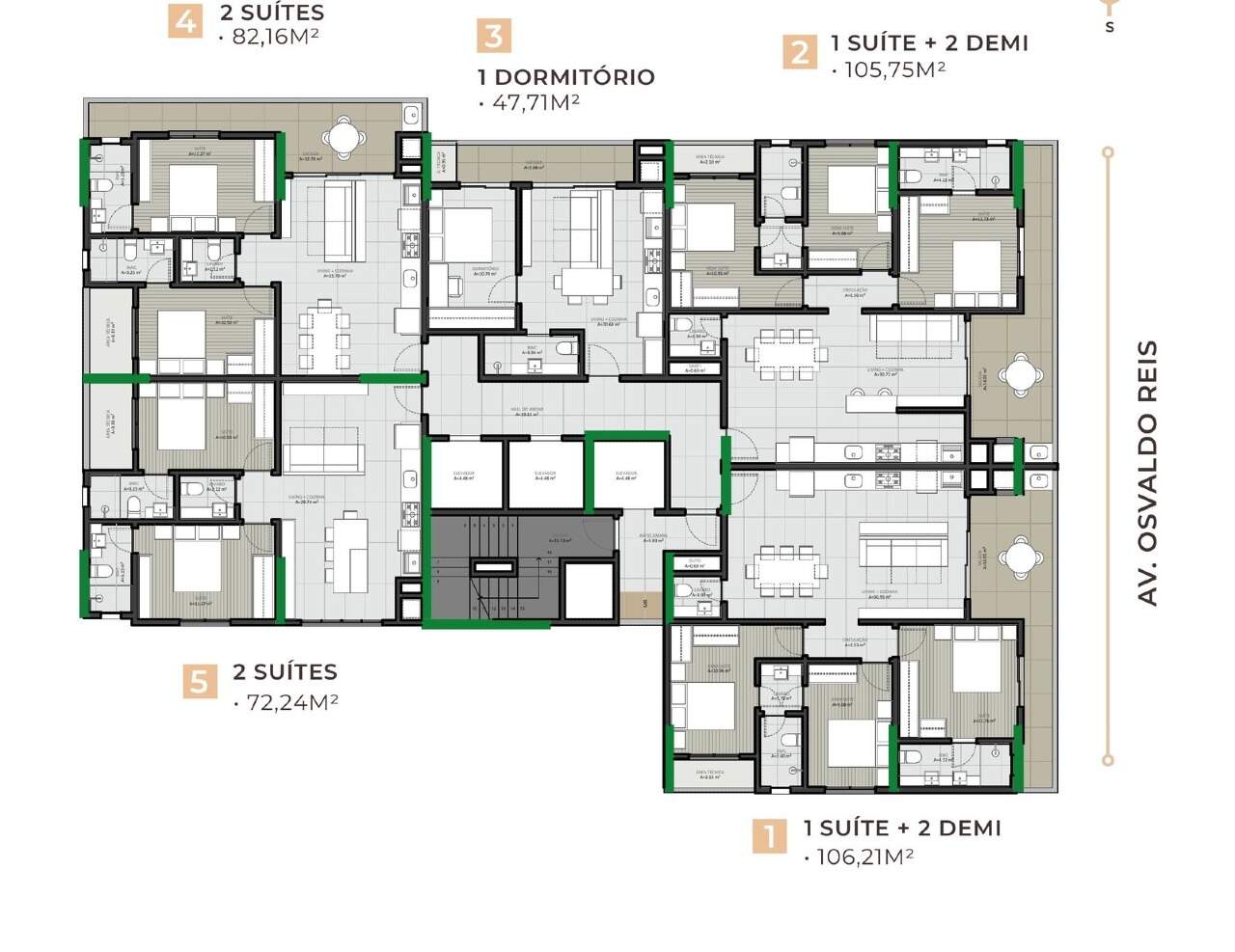 Planta do pavimento tipo, com cinco apartamentos por andar