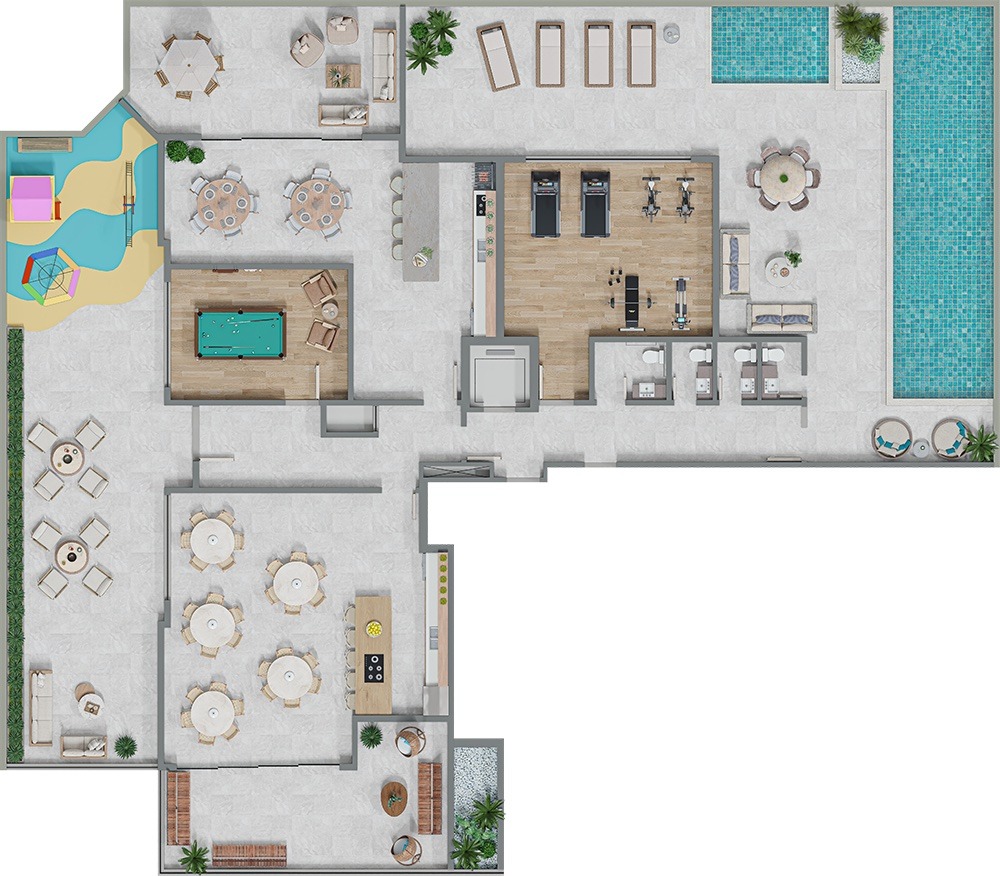 Planta humanizada do pavimento de lazer do Lago Louise, com 558 m² (imagem ilustrativa)