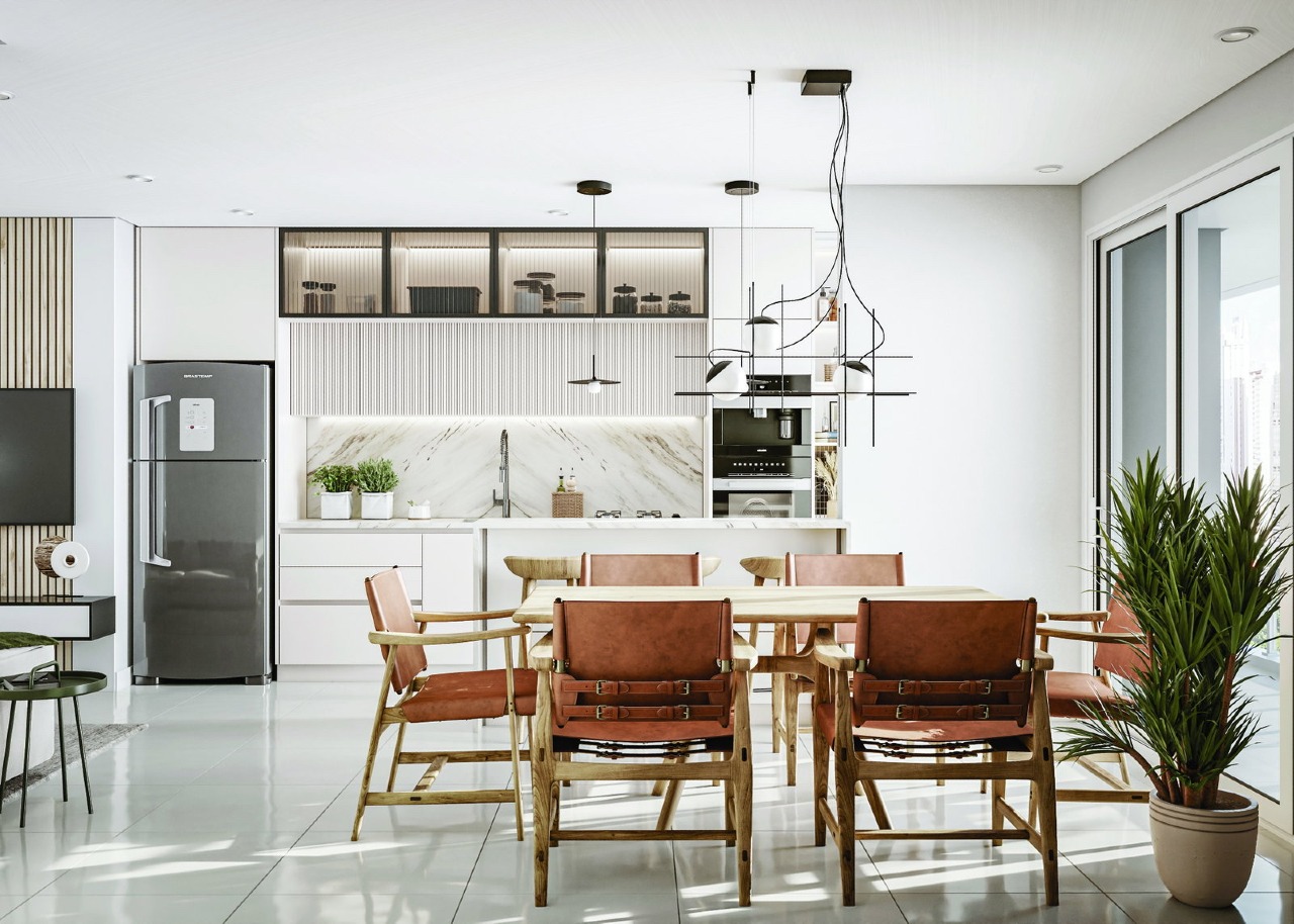 Living e cozinha do apartamento de 2 suítes, de 89,09 m² (imagem ilustrativa)