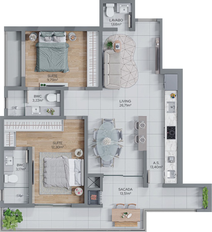 Planta humanizada dos finais 01 e 02: 89,09 m² com 2 suítes (imagem ilustrativa)