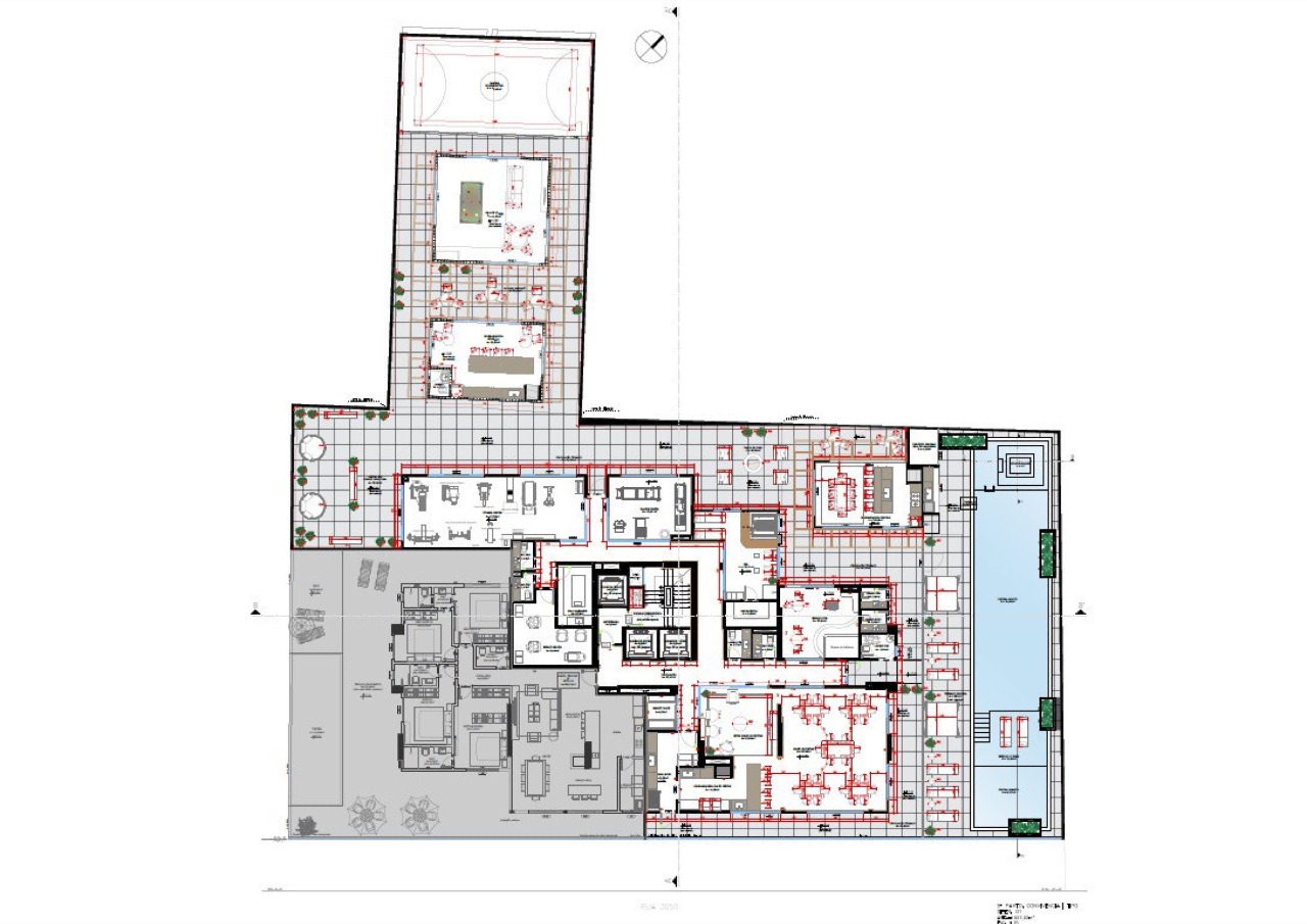 Planta do pavimento de convivência, com piscina, quadra, academia, salões e espaço gourmet