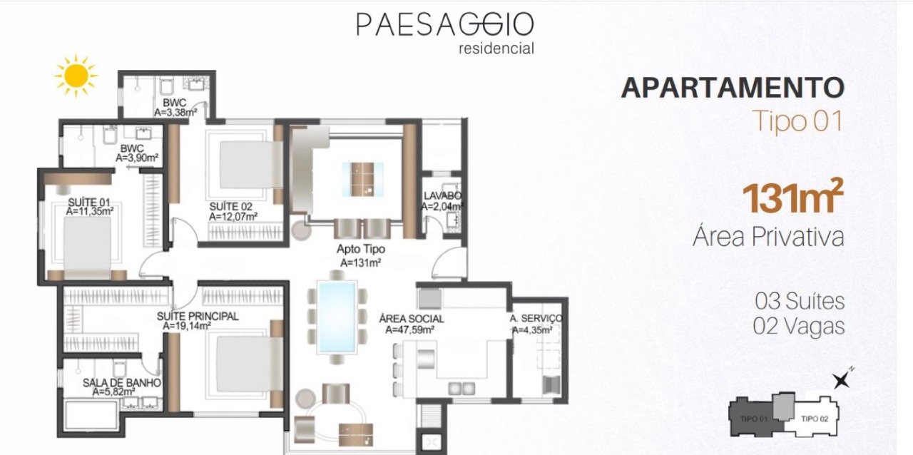 Planta do apartamento tipo 01: 131 m² privativos, 3 suítes e 2 vagas