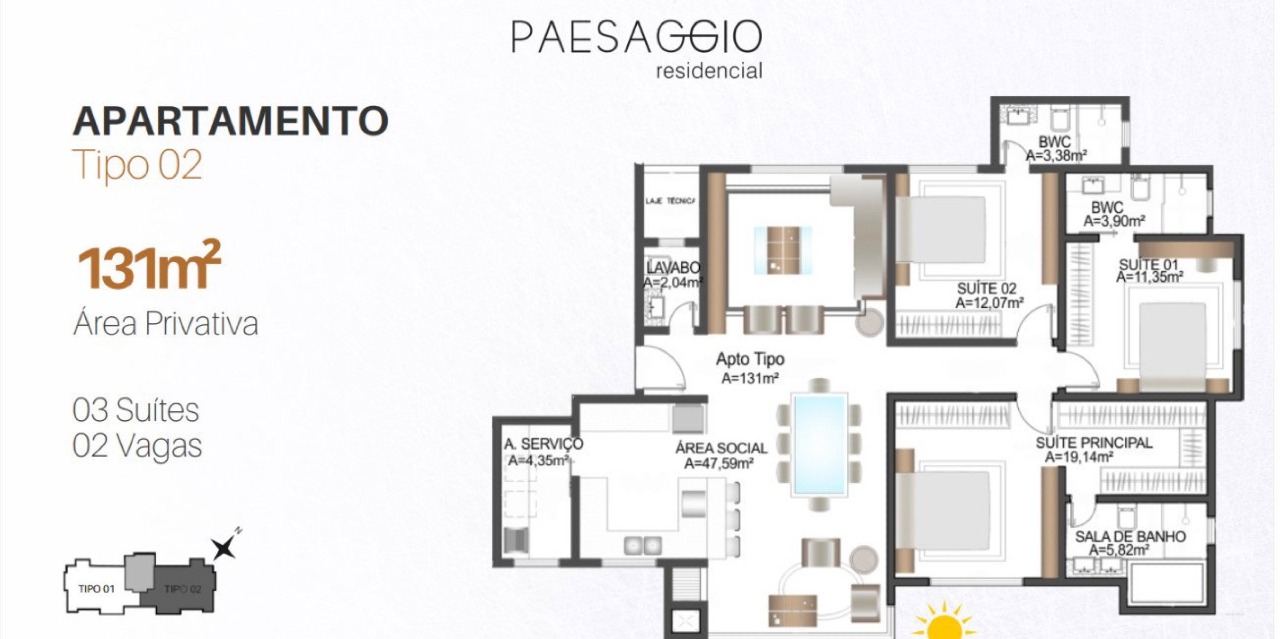 Planta do apartamento tipo 02: 131 m² privativos, 3 suítes e 2 vagas