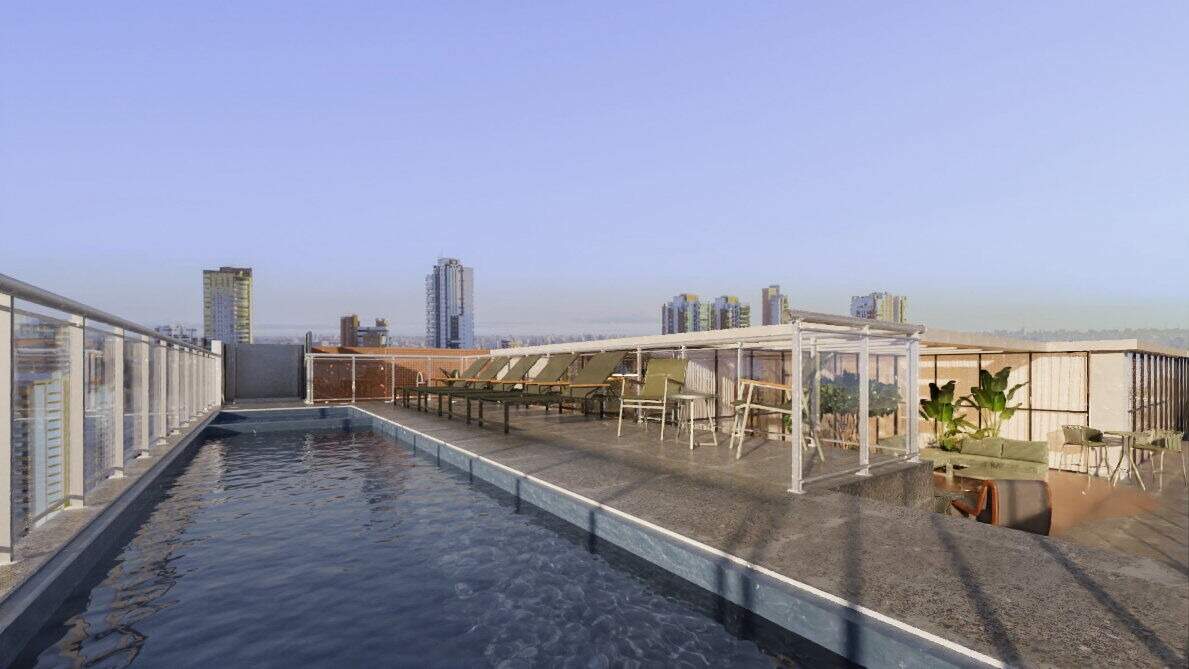 Piscina descoberta no rooftop, com deck e pergolado (imagem ilustrativa)