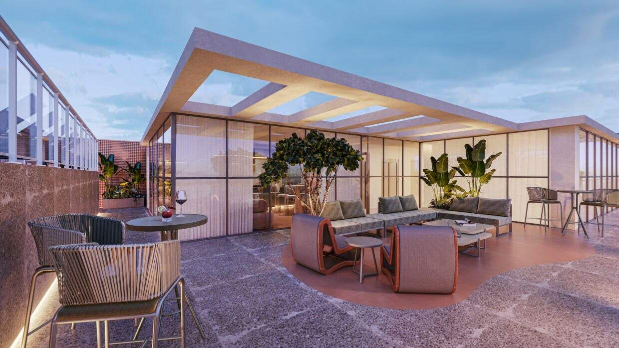 Lounge do terraço sob o pergolado, no rooftop (imagem ilustrativa)