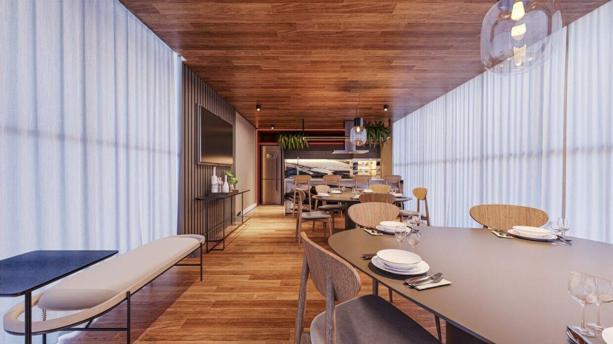 Sky gourmet com mesa comprida e forro em madeira (imagem ilustrativa)