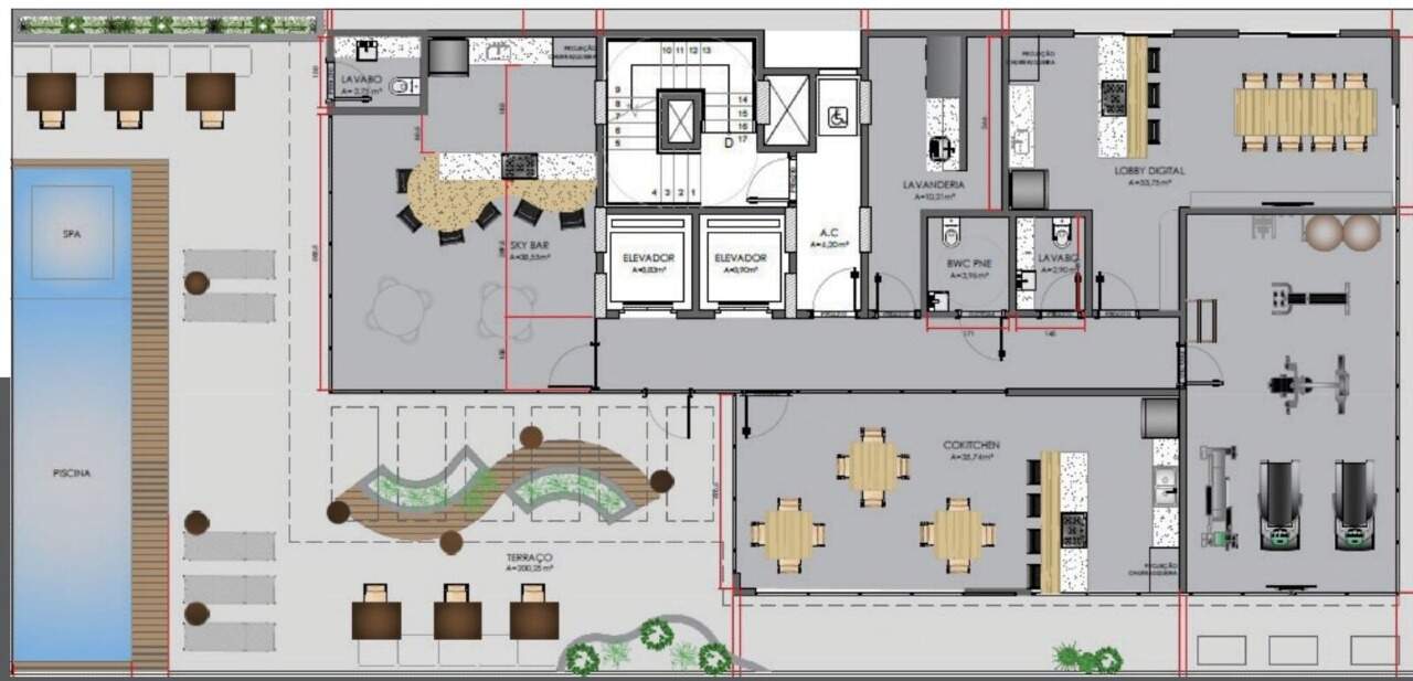 Planta do rooftop com piscina, spa, sky bar, lavanderia, academia e terraço
