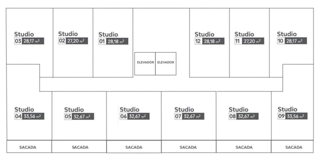 Planta do pavimento tipo com 12 studios de 27,20 m² a 33,56 m² (material da Criar)