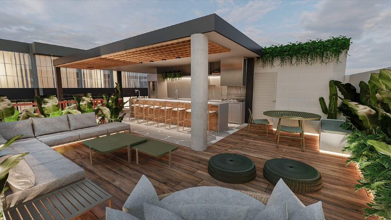 Lounge ao ar livre com sofás e bar no pavimento de lazer (imagem ilustrativa)