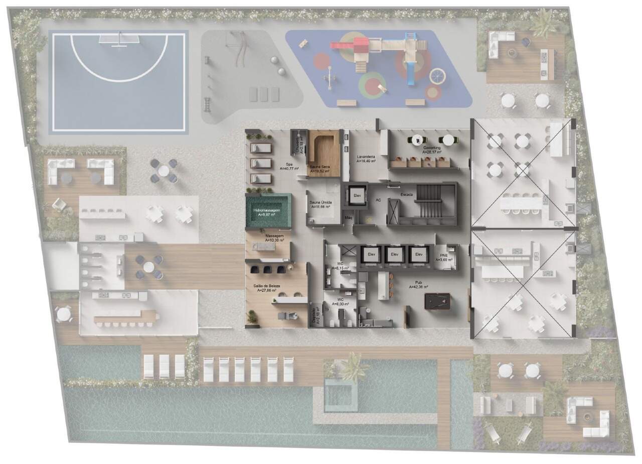 Planta do mezanino de lazer: spa, saunas, coworking e salão de beleza (imagem ilustrativa)