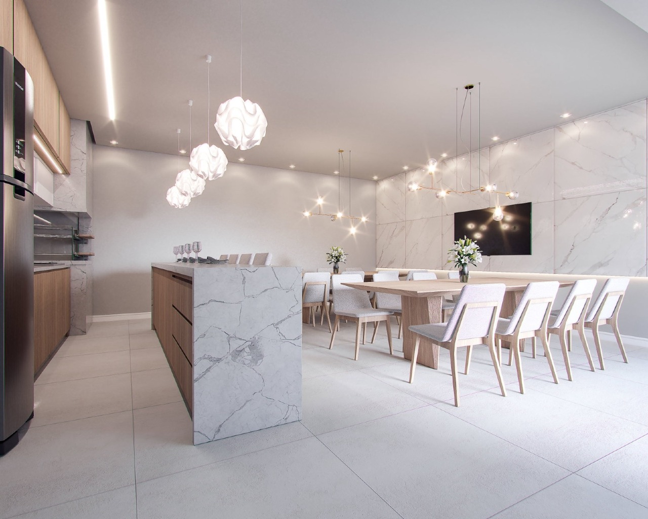Espaço gourmet II com bancada em mármore e mesa comunitária (imagem ilustrativa)