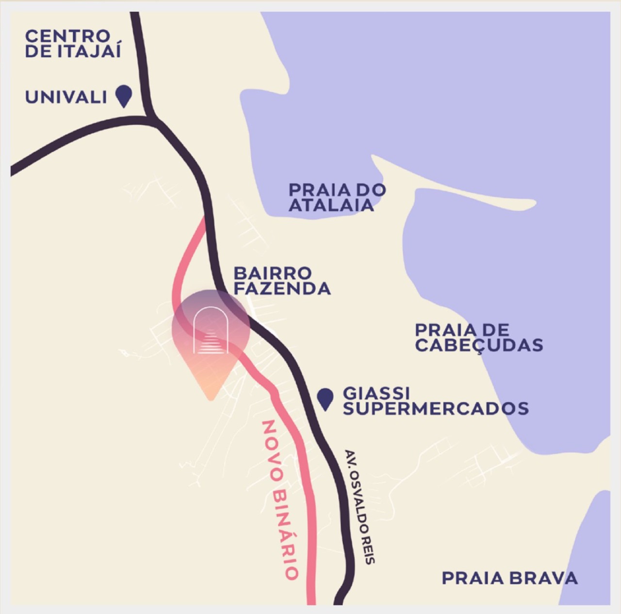 Mapa de localização do Luminares Residence no bairro Fazenda, perto do novo binário