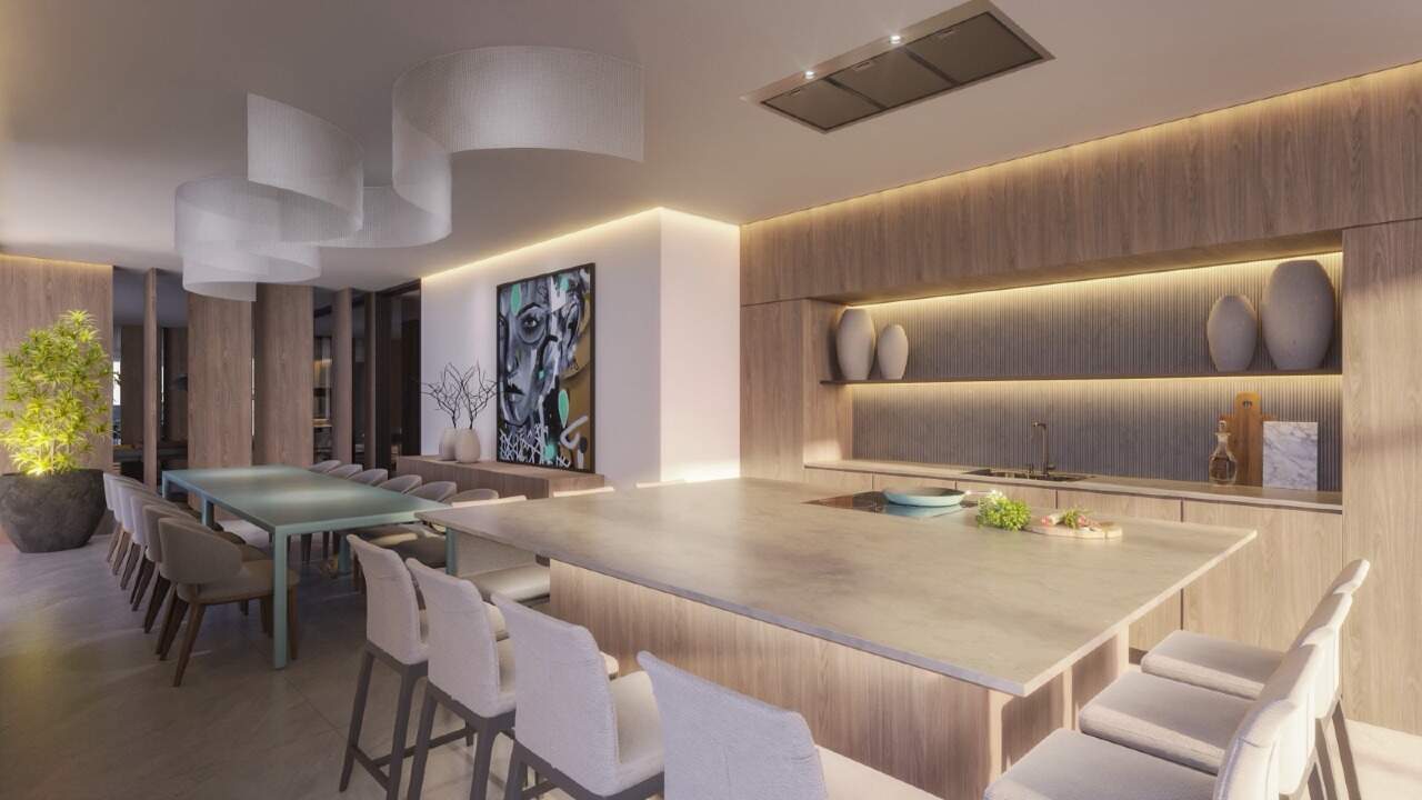 Cozinha gourmet do Chelsea 922, com ilha e mesa comunitária (imagem ilustrativa)