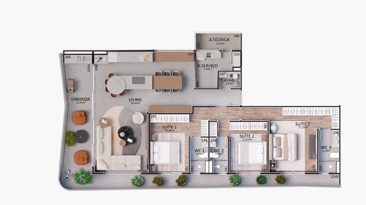 Planta do final 1: 169,45 m², 3 suítes, living de 54,43 m² e varanda com churrasqueira