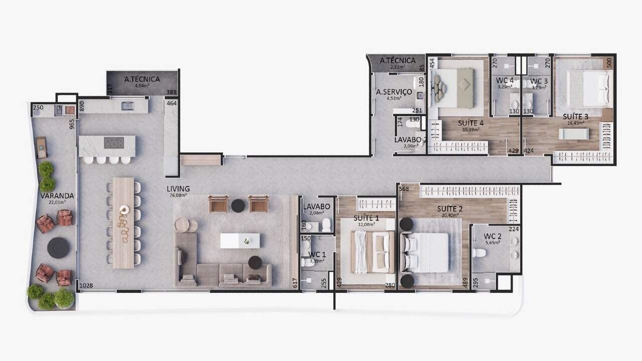 Planta de 255 m², um apartamento por andar: 4 suítes, 2 lavabos e living de 76,08 m²