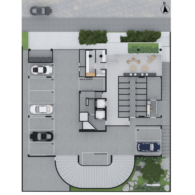 Implantação do térreo: hall, guarita, garagem, hobby box e pet place