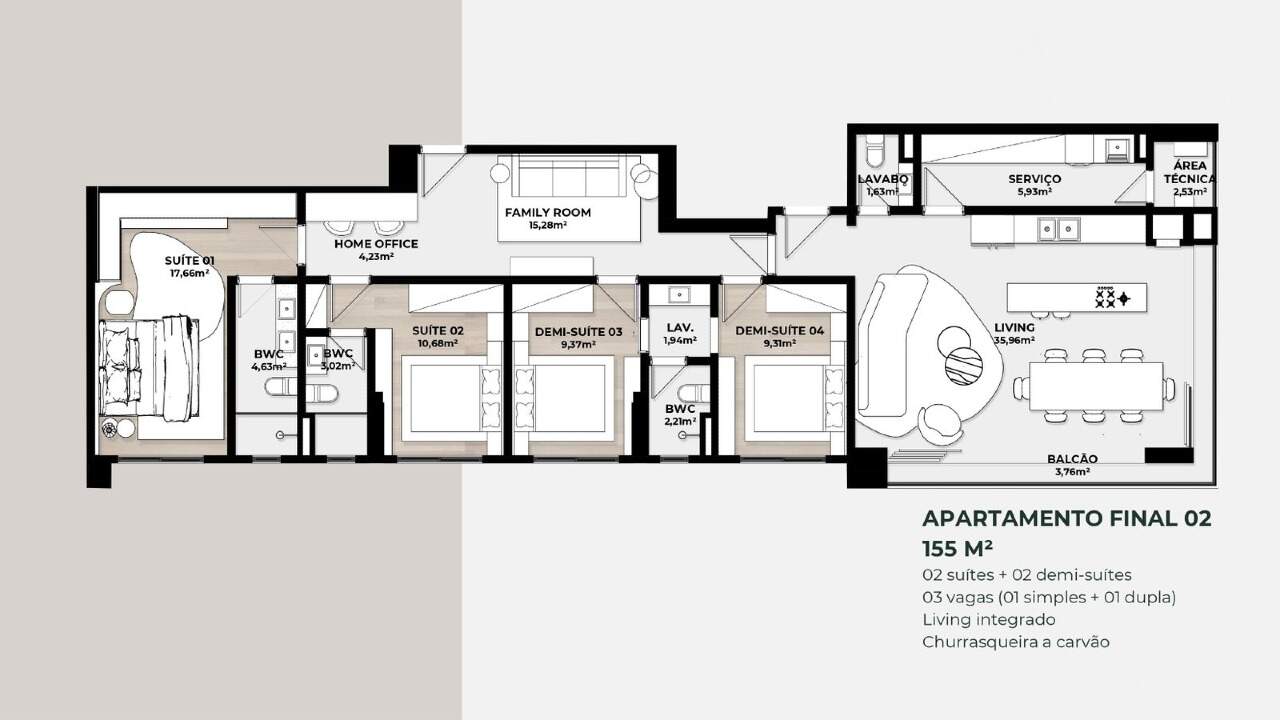 Planta do final 02: 155 m², 2 suítes, 2 demi-suítes e home office