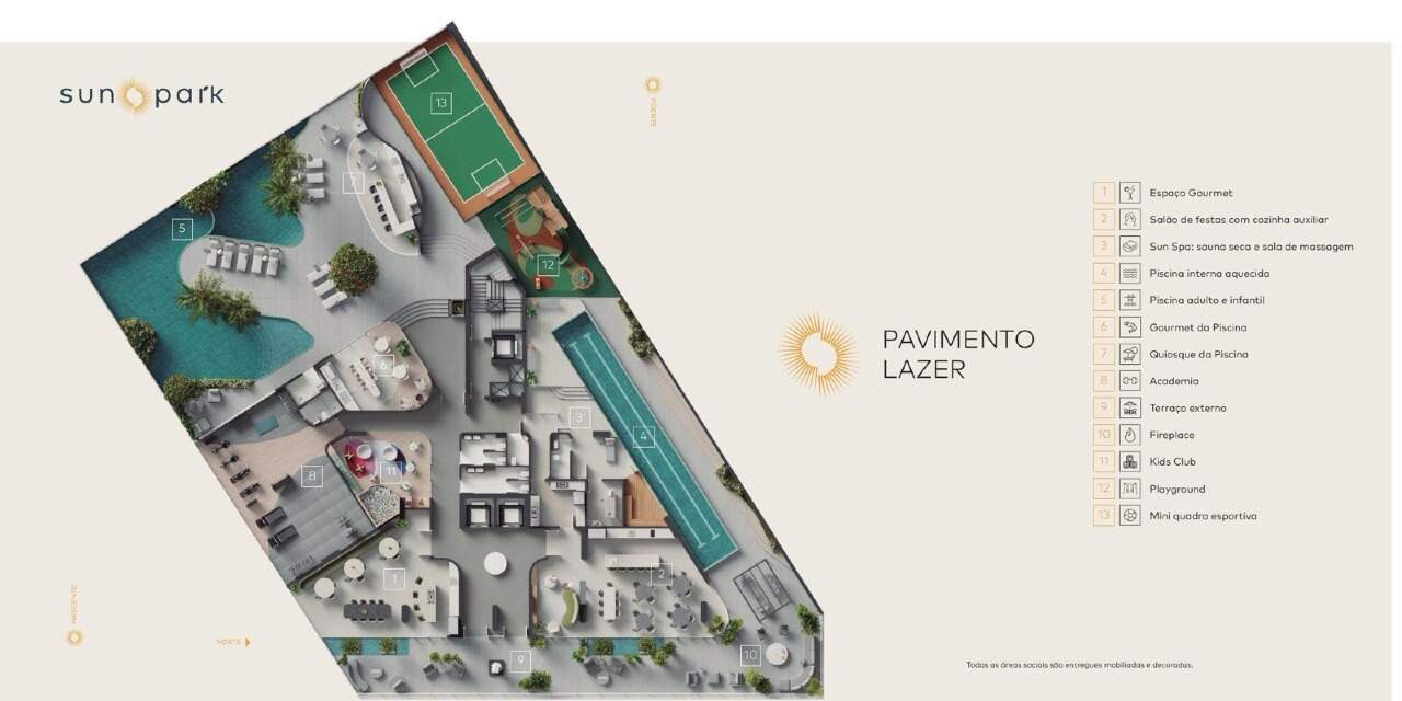 Pavimento de lazer, com piscinas, espaço gourmet, kids club e mini quadra