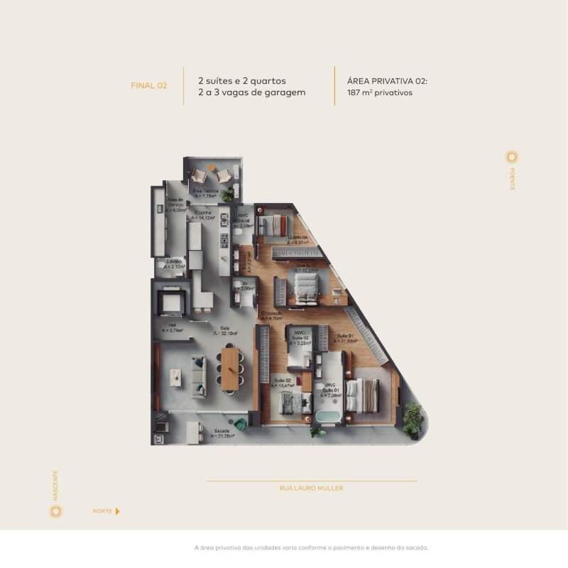 Planta do final 02 nos pavimentos tipo 01: 187 m², 2 suítes e 2 quartos