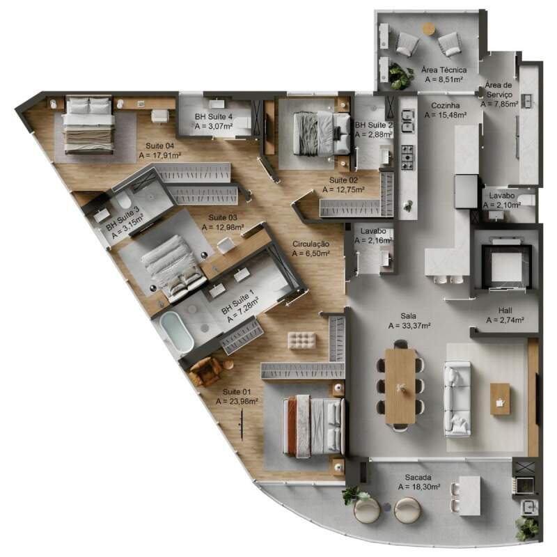 Planta do final 01 nos pavimentos tipo 02: 205 m² e 4 suítes