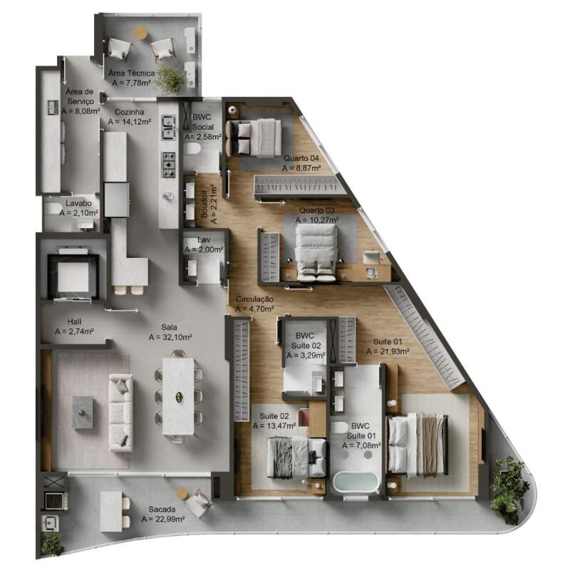 Planta do final 02 nos pavimentos tipo 02: 190 m², 2 suítes e 2 quartos