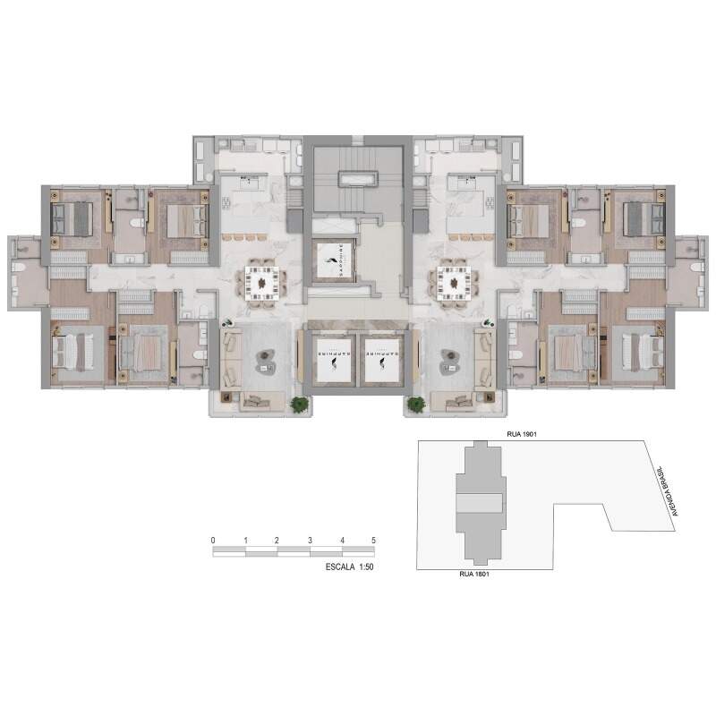 Apartamento à venda no Centro: Planta do andar tipo: dois apartamentos espelhados de 146,52 m², com 4 dormitórios e 2 suítes