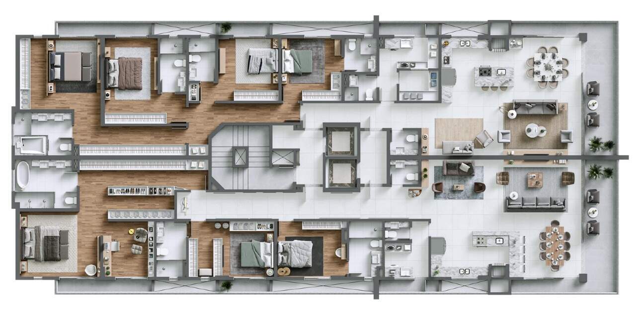 Apartamento à venda no Praia Brava: Planta do andar tipo do Bay House: dois apartamentos de 226,07 m² com 4 suítes