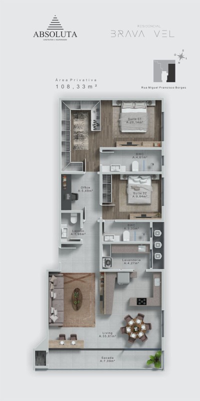 Apartamento à venda no Praia Brava: Planta do apartamento com 2 suítes e home office (imagem ilustrativa)
