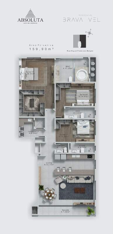 Apartamento à venda no Praia Brava: Planta do apartamento de 161 m² com 3 suítes (imagem ilustrativa)