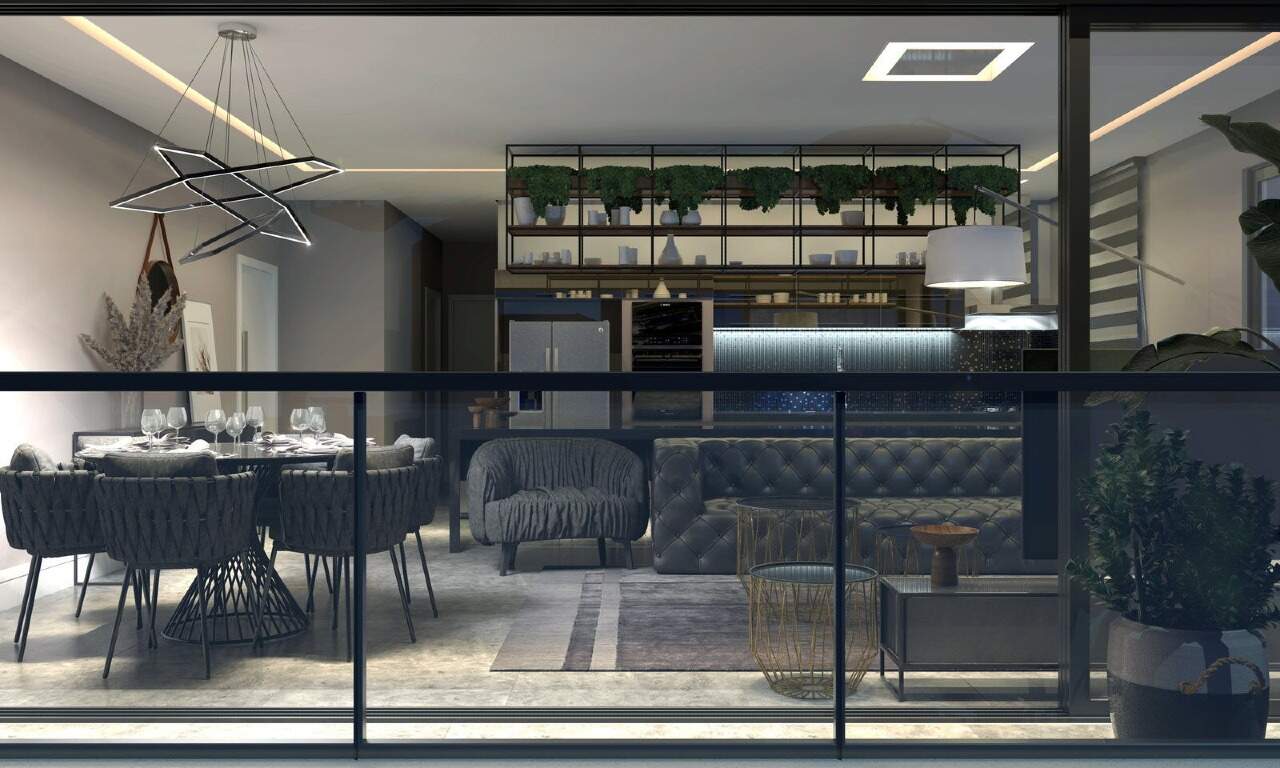 Apartamento à venda no Praia Brava: Living, jantar e varanda integrados na planta de 161 m² (imagem ilustrativa)