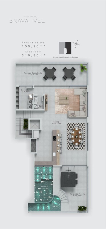Cobertura à venda no Praia Brava: Planta do pavimento superior: living, terraço e piscina privativa (imagem ilustrativa)