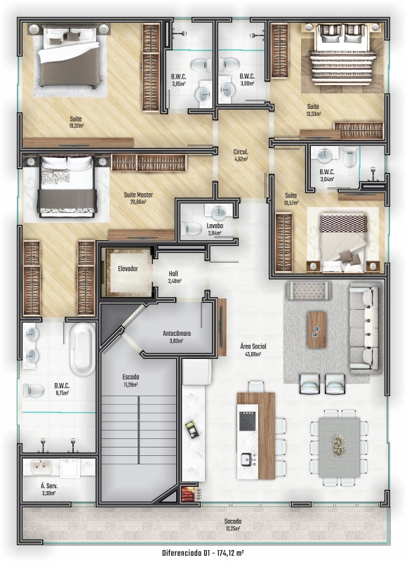 Apartamento à venda no Praia Brava: Planta do apartamento de 174,12 m² com 4 suítes e sacada com churrasqueira
