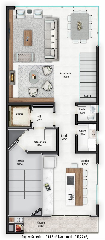 Apartamento à venda no Praia Brava: Planta do piso superior do duplex: living com lareira, cozinha e sacada