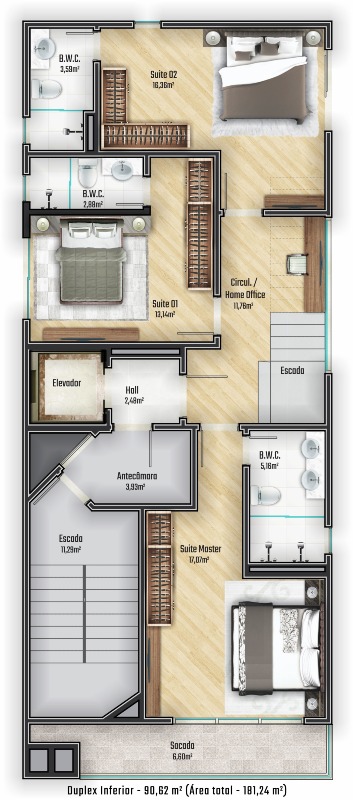 Apartamento à venda no Praia Brava: Planta do piso inferior do duplex: três suítes e home office
