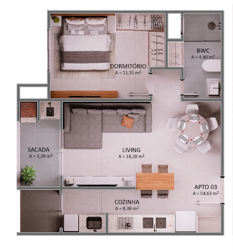 Apartamento à venda no Praia Brava: Planta do final 03: 54,63 m² com dormitório, banheiro, living, cozinha e sacada