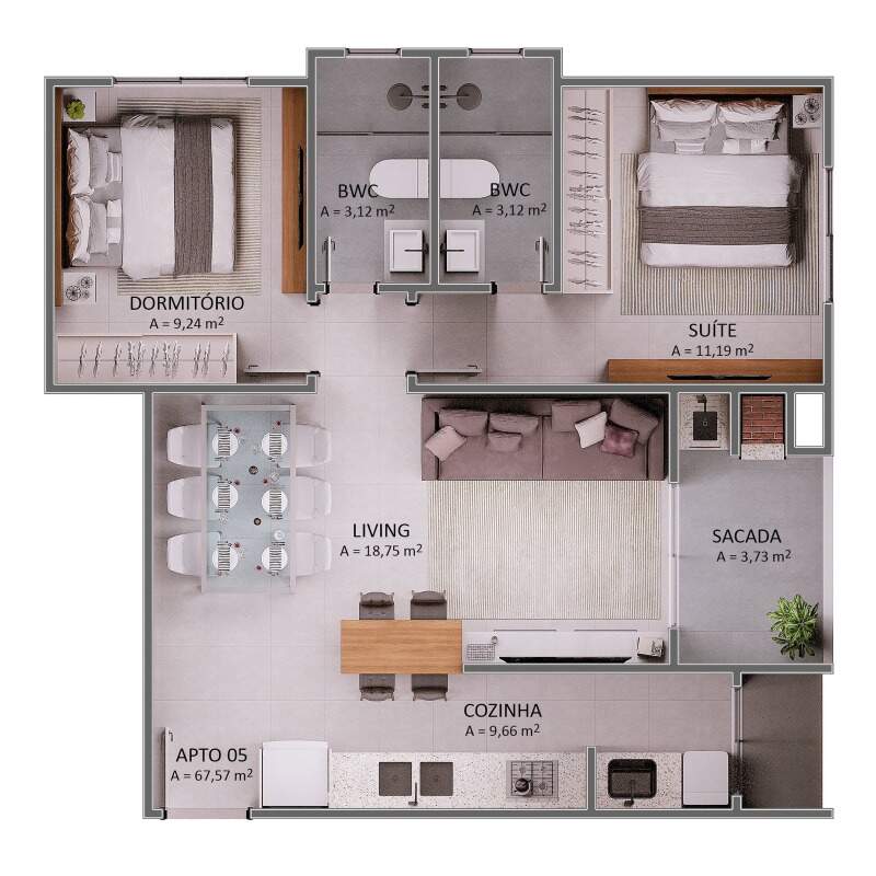 Apartamento à venda no Praia Brava: Planta do final 05: 67,57 m² com suíte, dormitório, dois banheiros e sacada