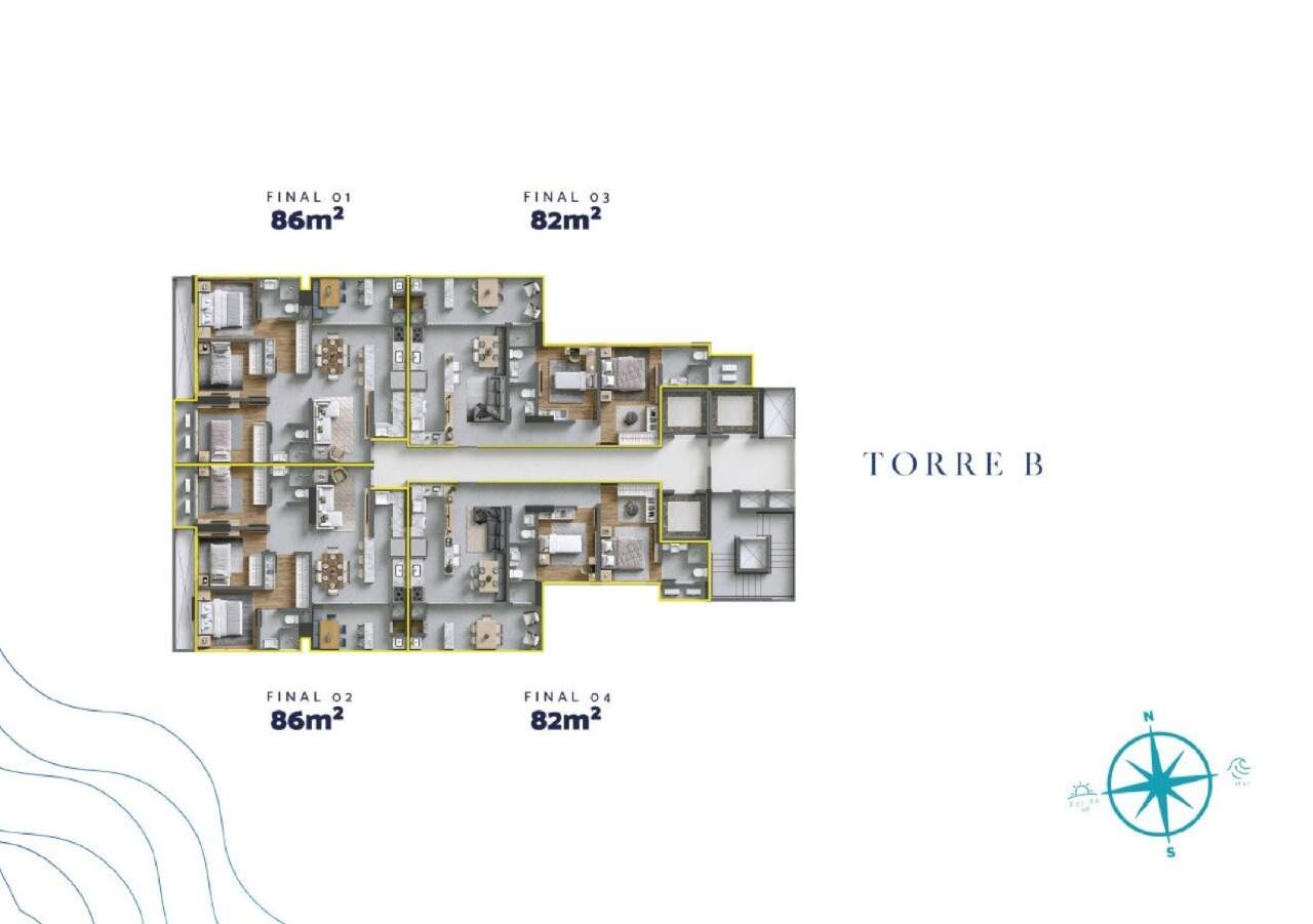 Apartamento à venda no Praia Brava: Pavimento do Bloco B com os quatro finais; o final 01 fica na ponta oeste, lado norte (ilustrativa)