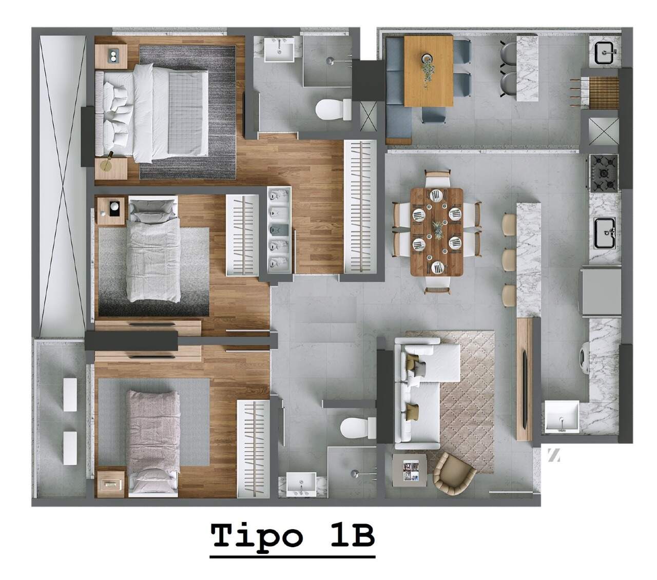 Apartamento à venda no Praia Brava: Planta do final 01 do Bloco B: 88 m², 3 dormitórios e sacada com churrasqueira (ilustrativa)