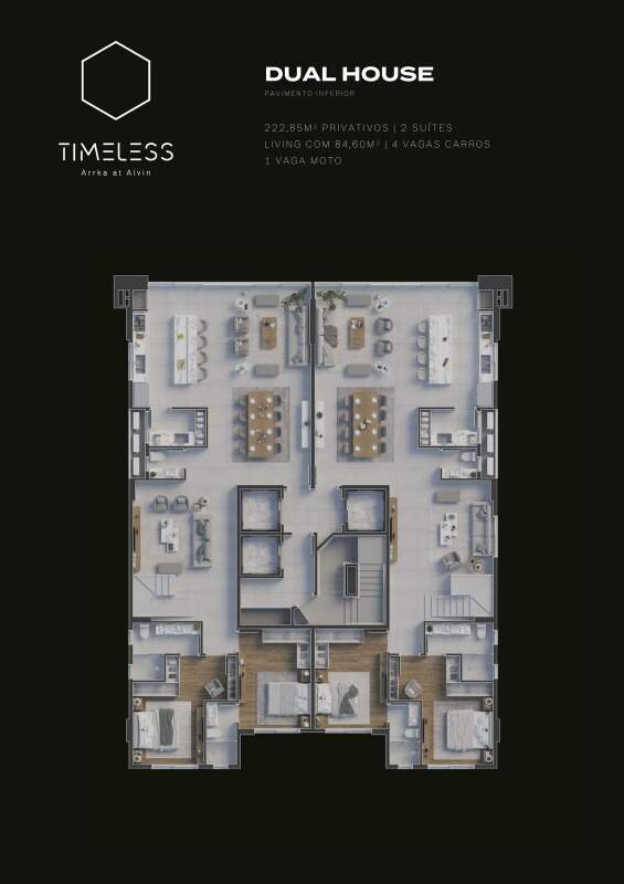 Apartamento à venda no Centro: Planta da tipologia Dual House 222,85 m², pavimento inferior