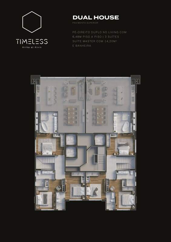 Apartamento à venda no Centro: Planta da tipologia Dual House 222,85 m², pavimento superior