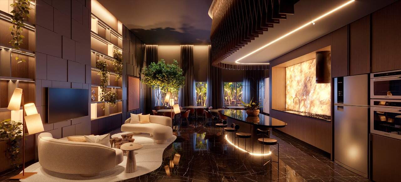 Apartamento à venda no Centro: Wine Bar do Hyde, com estar, bancada e iluminação indireta (imagem ilustrativa)