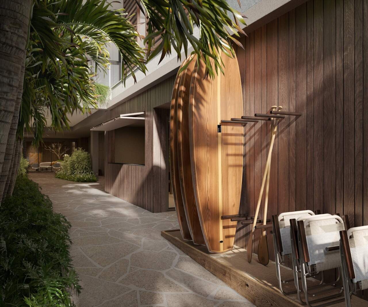 Apartamento à venda no Centro: Beach Station, com pranchas e cadeiras para o serviço de praia (imagem ilustrativa)