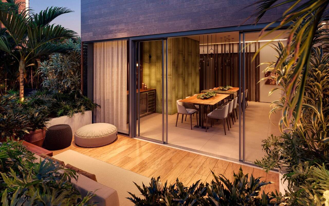 Apartamento à venda no Centro: Garden Gourmet integrado a um estar externo com jardim (imagem ilustrativa)