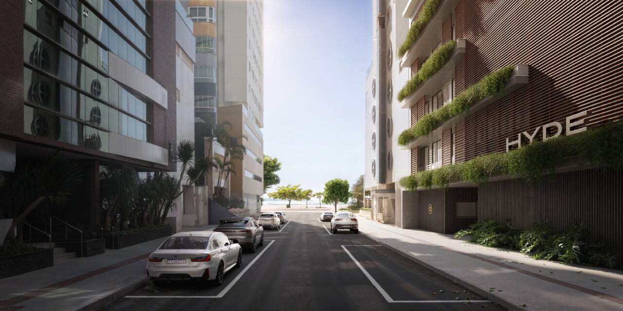 Apartamento à venda no Centro: Fachada lateral do Hyde pela Rua 3900, com o mar ao fundo (imagem ilustrativa)
