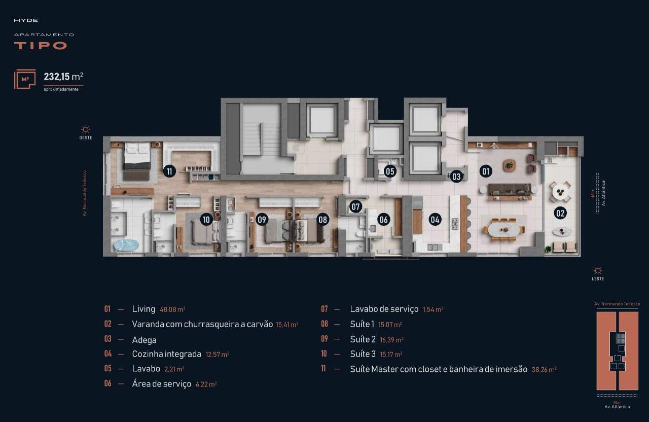 Apartamento à venda no Centro: Planta do apartamento tipo do Hyde: 232,15 m², 4 suítes e varanda com churrasqueira a carvão