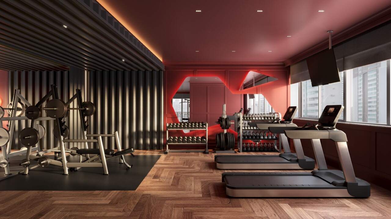 Apartamento à venda no Centro: Academia do Gales Village, com esteiras e aparelhos de musculação (imagem ilustrativa)