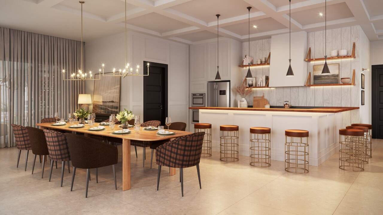 Apartamento à venda no Centro: Salão de festas do Gales Village, com cozinha, bar e mesa de jantar (imagem ilustrativa)