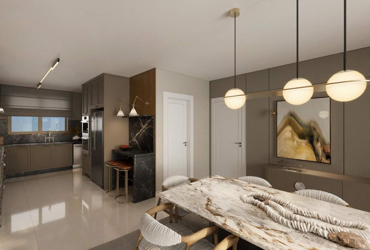Apartamento à venda no Centro: Jantar e cozinha integrados do apartamento tipo, no tour 360 da Embraed (imagem ilustrativa)