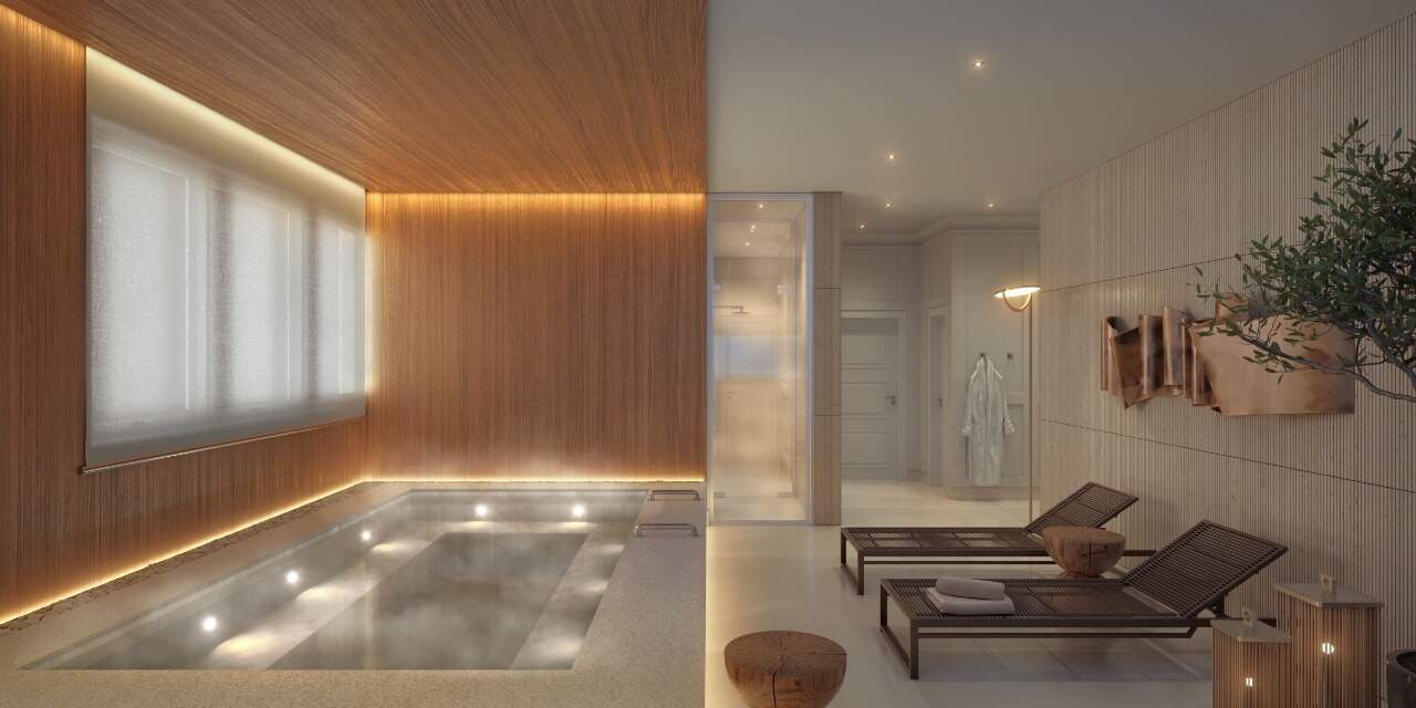 Apartamento à venda no Centro: Spa do Gales Village, com piscina interna e espreguiçadeiras (imagem ilustrativa)